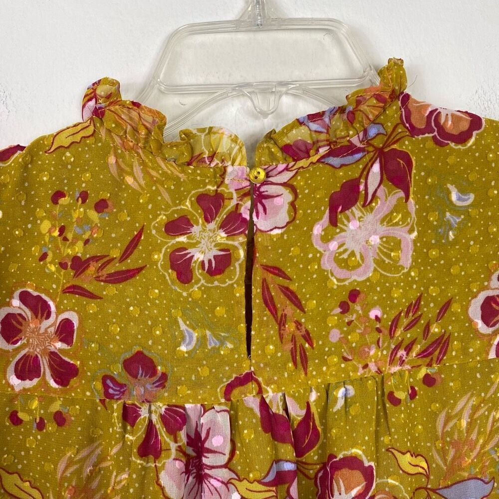 Joie Mustard Yellow & Red Floral Swiss Dot Cap Sleeve Blouse Top Shirt Size M - Picture 5 of 9